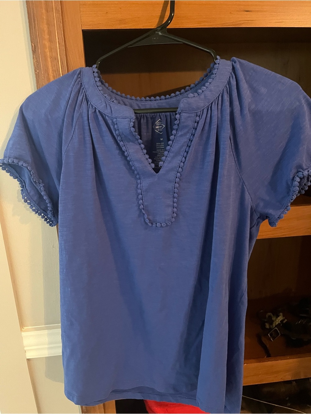 St. John's Bay Blue Short-Sleeve Top with Pom-Pom Trim